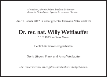 Traueranzeige von Willy Wettlauffer von Trauerportal Rhein Main Presse