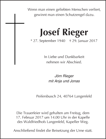 Traueranzeige von Josef Rieger von Trauerportal Rhein Main Presse