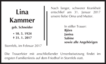 Traueranzeige von Lina Kammer von  Kreisanzeiger