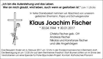 Traueranzeige von Klaus Joachim Fischer von Trauerportal Echo Online