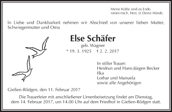 Traueranzeige von Else Schäfer von  Gießener Anzeiger