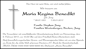 Traueranzeige von Maria Regina Benedikt von Trauerportal Rhein Main Presse