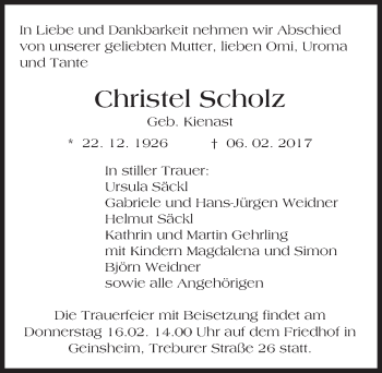 Traueranzeige von Christel Scholz von Trauerportal Echo Online