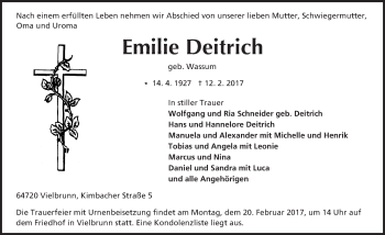 Traueranzeige von Emilie Deitrich von Trauerportal Echo Online