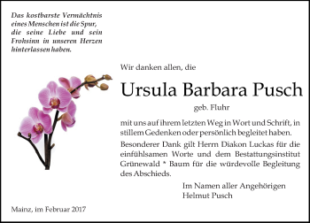 Traueranzeige von Ursula Barbara Pusch von Trauerportal Rhein Main Presse
