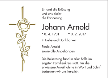 Traueranzeige von Johann Arnold von Trauerportal Echo Online