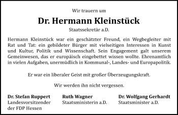 Traueranzeige von Hermann Kleinstück von Trauerportal Echo Online