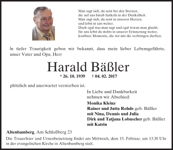 Traueranzeige von Harald Bäßler von Trauerportal Rhein Main Presse