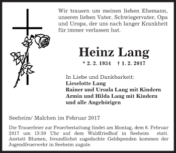 Traueranzeige von Heinz Lang von Trauerportal Echo Online