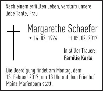 Traueranzeige von Margarethe Schaefer von Trauerportal Rhein Main Presse