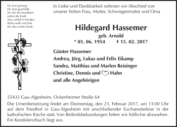 Traueranzeige von Hildegard Hassemer von Trauerportal Rhein Main Presse