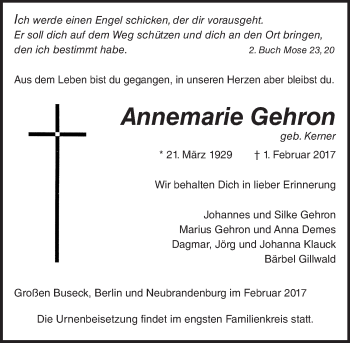 Traueranzeige von Annemarie Gehron von  Kreisanzeiger