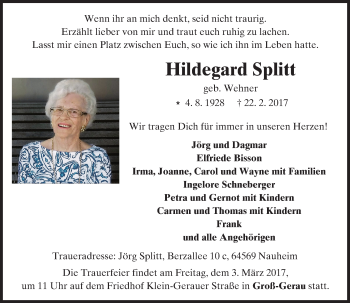 Traueranzeige von Hildegard Splitt von Trauerportal Echo Online