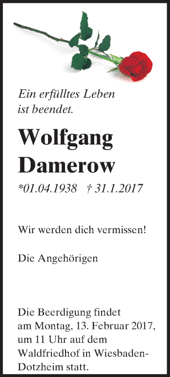 Traueranzeige von Wolfgang Damerow von Trauerportal Rhein Main Presse