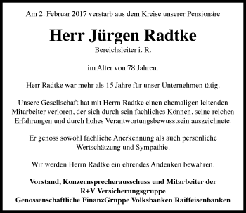 Traueranzeige von Jürgen Radtke von Trauerportal Rhein Main Presse