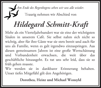 Traueranzeige von Hildegard Schmitt-Kraft von Trauerportal Rhein Main Presse