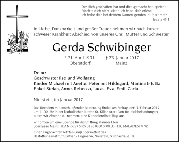 Traueranzeige von Gerda Schwibinger von Trauerportal Rhein Main Presse