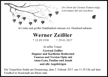 Traueranzeige von Werner Zeißler von Trauerportal Echo Online