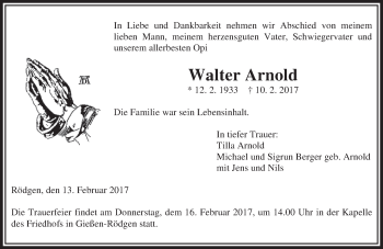 Traueranzeige von Walter Arnold von  Gießener Anzeiger
