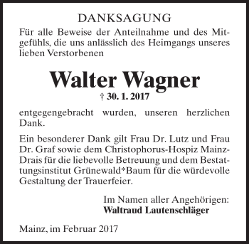 Traueranzeige von Walter Wagner von Trauerportal Rhein Main Presse