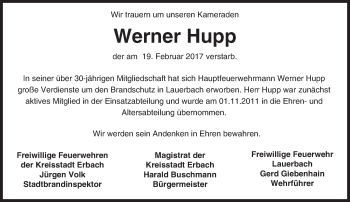 Traueranzeige von Werner Hupp von Trauerportal Echo Online