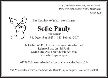 Traueranzeige von Sofie Pauly von  Usinger Anzeiger