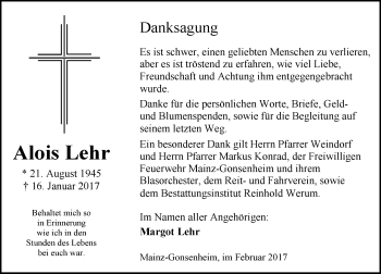 Traueranzeige von Alois Lehr von Trauerportal Rhein Main Presse