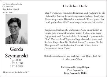 Traueranzeige von Gerda Szymanski von Trauerportal Echo Online
