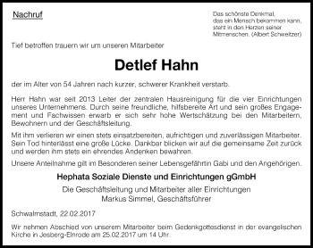 Traueranzeige von Detlef Hahn von VRM Trauer