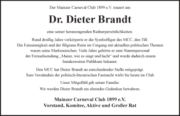 Traueranzeige von Dieter Brandt von Trauerportal Rhein Main Presse