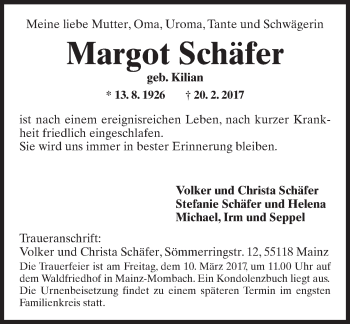 Traueranzeige von Margot Schäfer von Trauerportal Rhein Main Presse
