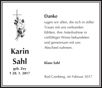Traueranzeige von Karin Sahl von  Camberger Anzeiger