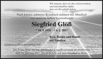 Traueranzeige von Siegfried Glöß von  Gelnhäuser Tageblatt