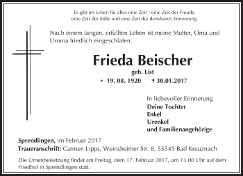 Traueranzeige von Frieda Beischer von Trauerportal Rhein Main Presse