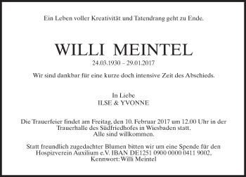 Traueranzeige von Willi Meintel von Trauerportal Rhein Main Presse Traueranzeige von Willi Meintel von Trauerportal Rhein Main Presse