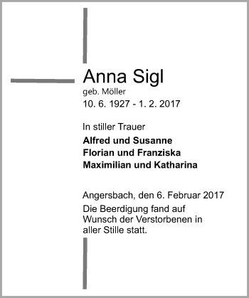 Traueranzeige von Anna Sigl von VRM Trauer