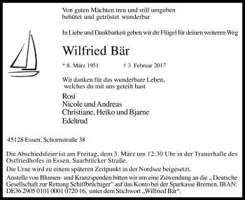 Traueranzeige von Wilfried Bär von Trauerportal Rhein Main Presse
