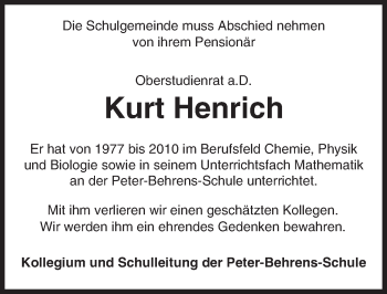 Traueranzeige von Kurt Henrich von Trauerportal Echo Online
