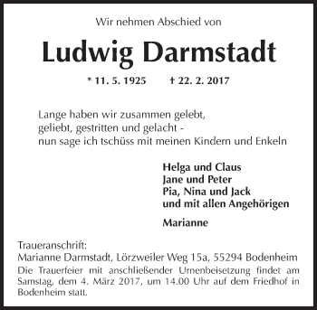 Traueranzeige von Ludwig Darmstadt von Trauerportal Rhein Main Presse
