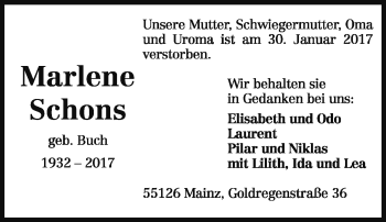 Traueranzeige von Marlene Schons von Trauerportal Rhein Main Presse