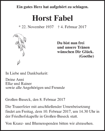 Traueranzeige von Horst Fabel von  Gießener Anzeiger