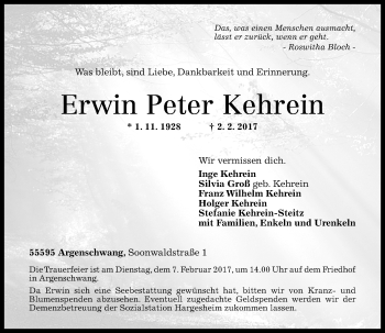 Traueranzeige von Erwin Peter Kehrein von Trauerportal Rhein Main Presse
