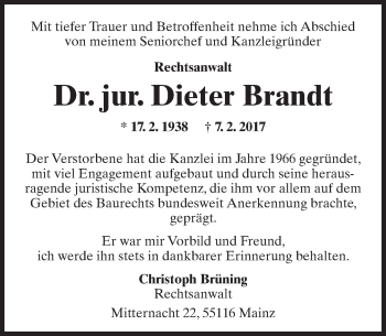 Traueranzeige von Dieter Brandt von Trauerportal Rhein Main Presse