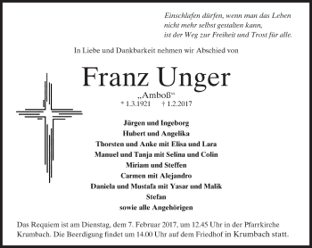 Traueranzeige von Franz Unger von Trauerportal Echo Online