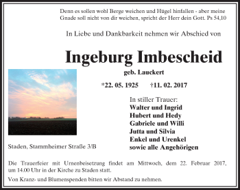 Traueranzeige von Ingeburg Imbescheid von  Kreisanzeiger