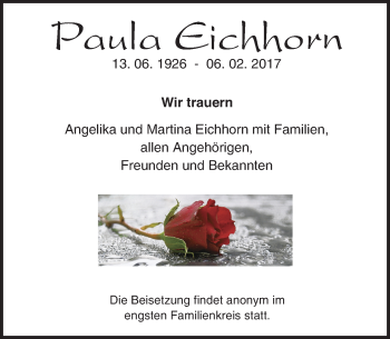 Traueranzeige von Paula Eichhorn von  Camberger Anzeiger