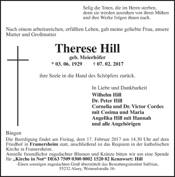 Traueranzeige von Therese Hill von Trauerportal Rhein Main Presse