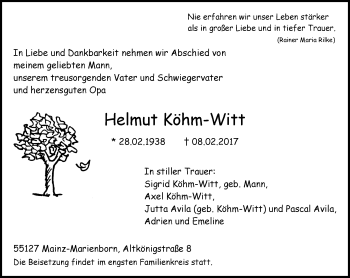 Traueranzeige von Helmut Köhm-Witt von Trauerportal Rhein Main Presse