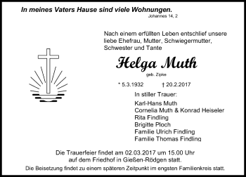 Traueranzeige von Helga Muth von  Gießener Anzeiger