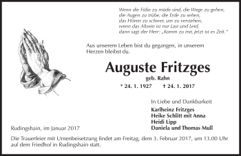Traueranzeige von Auguste Fritzges von  Kreisanzeiger